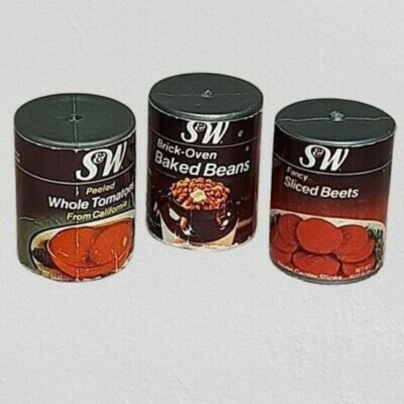 3 Vtg S&W Canned Goods 1980s Arco Miss Merry Supermarket Grocery Store Play Food - Picture 1 of 5